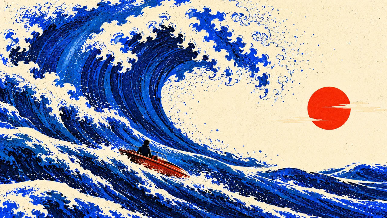 A great blue wave curls toward a red sun as a small boat rides it