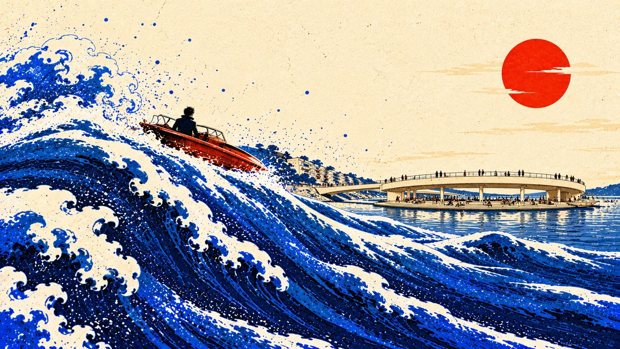 A boat crests the wave toward a distant circular waterfront venue
