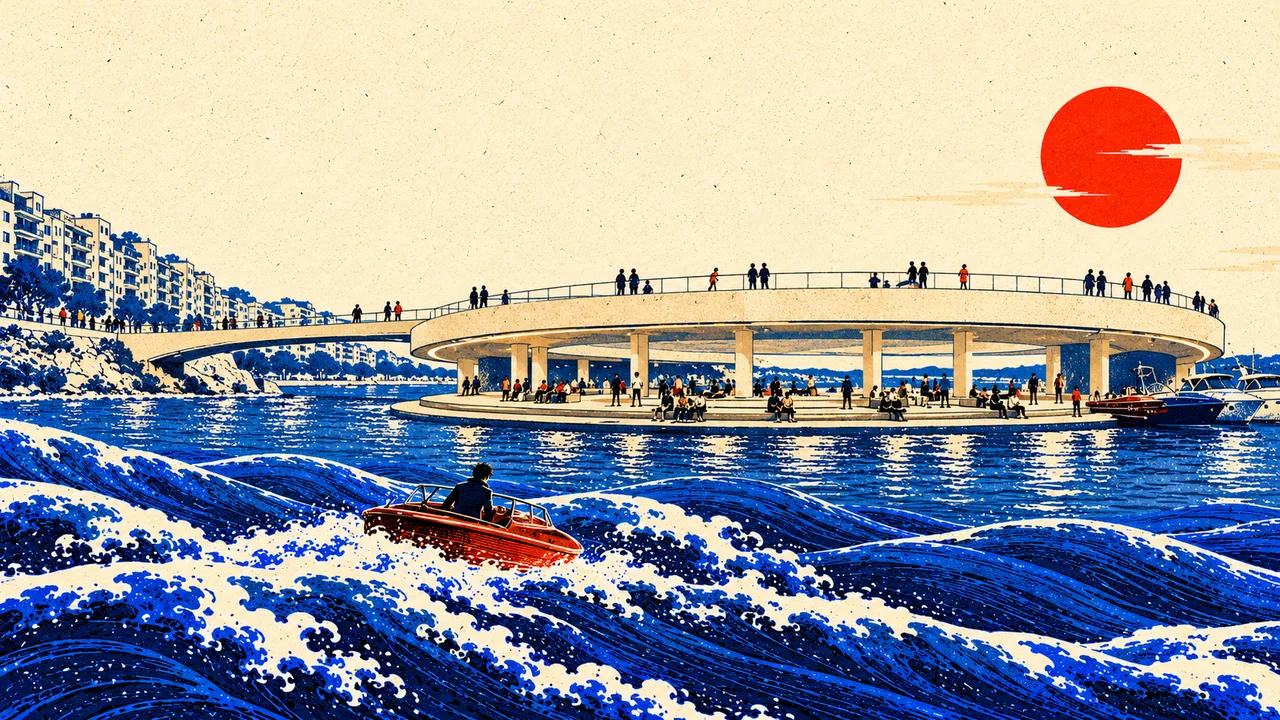 The circular venue on the water, with people along its rail