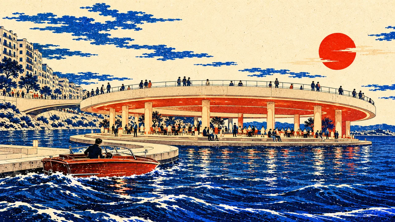 The boat arrives beside the busy venue beneath the red sun