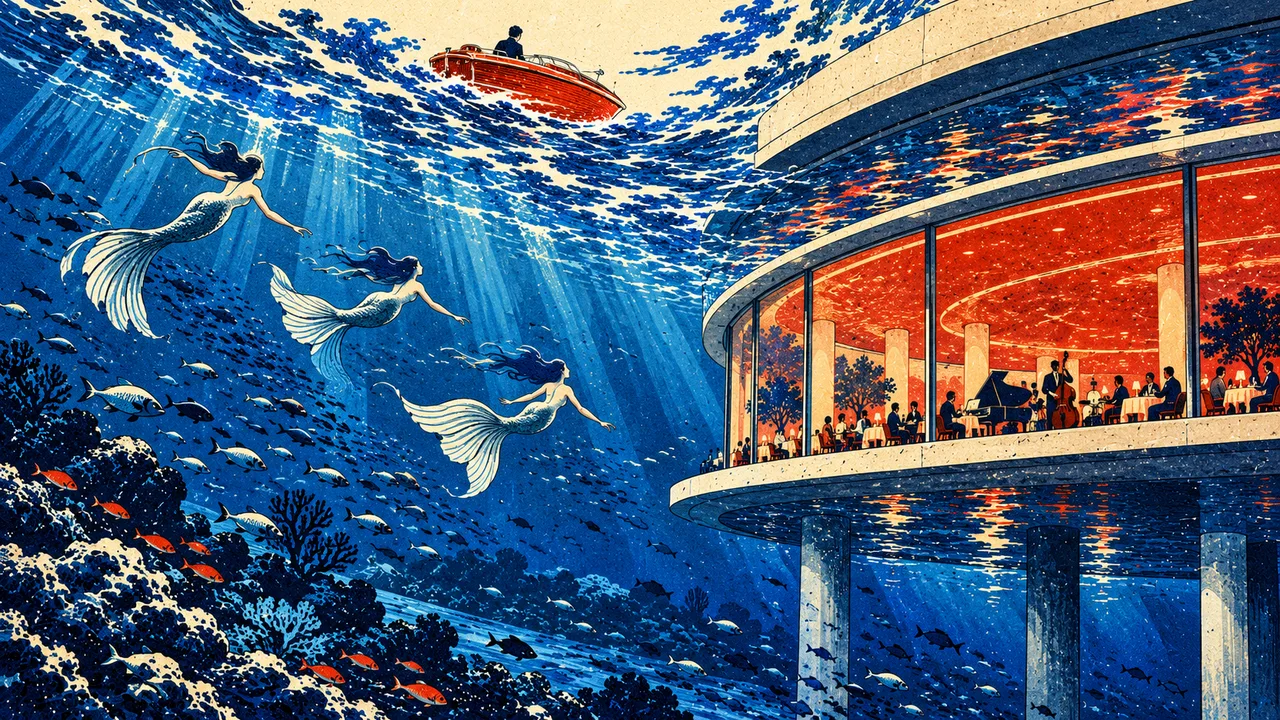 Below the surface: swimmers glide past the venue’s glass edge