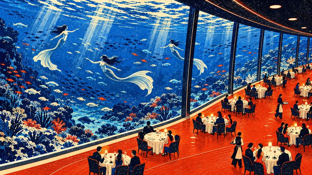 Diners at tables beside a vast underwater window