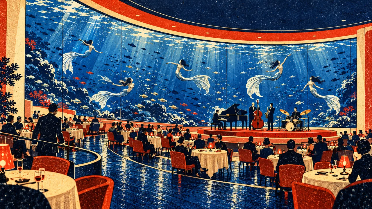 A jazz band plays to a full room before a wall of blue water