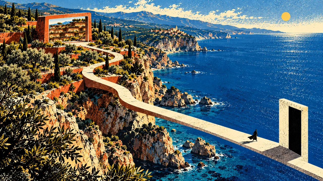 A coastal cliff path leading to a warm architectural frame above the sea