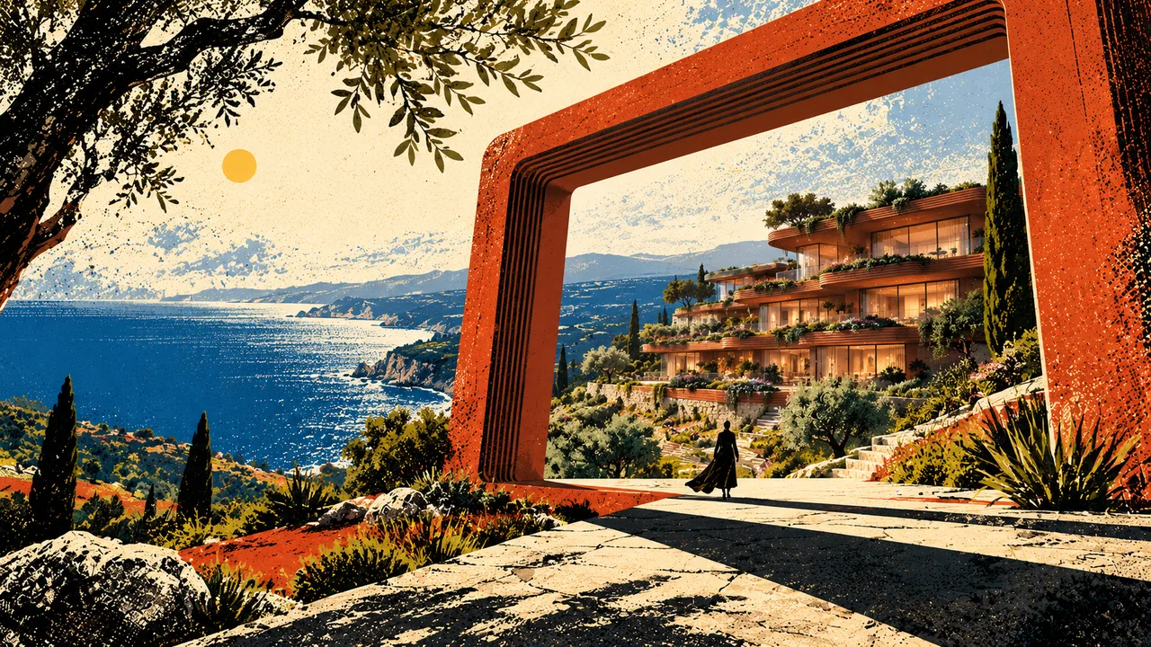 A large terracotta frame opening onto terraced architecture and the coast