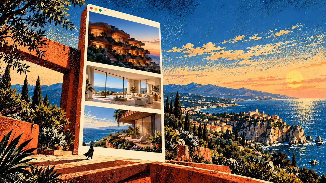 A tall browser-like panel standing in the coastal landscape