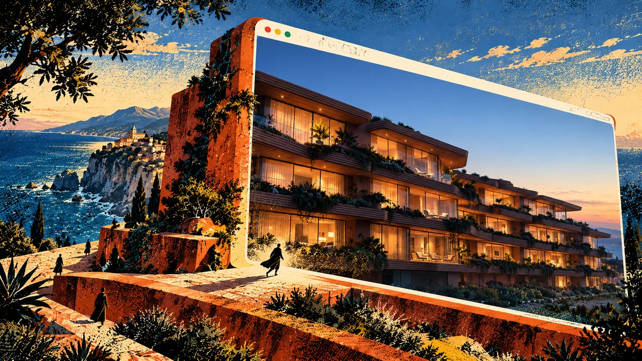 A wide screen presenting the terraced building at sunset