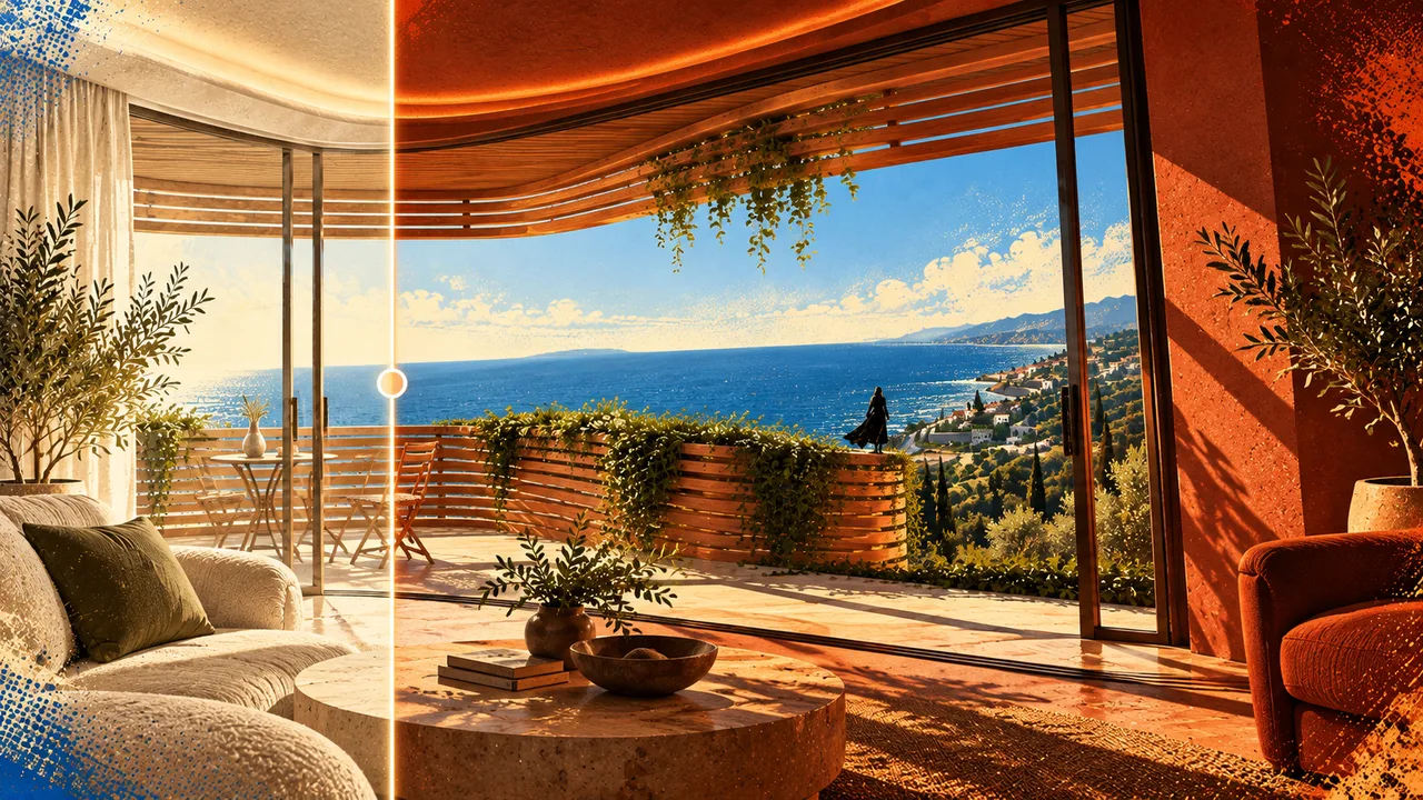 A warm interior opening onto a terrace and the sea
