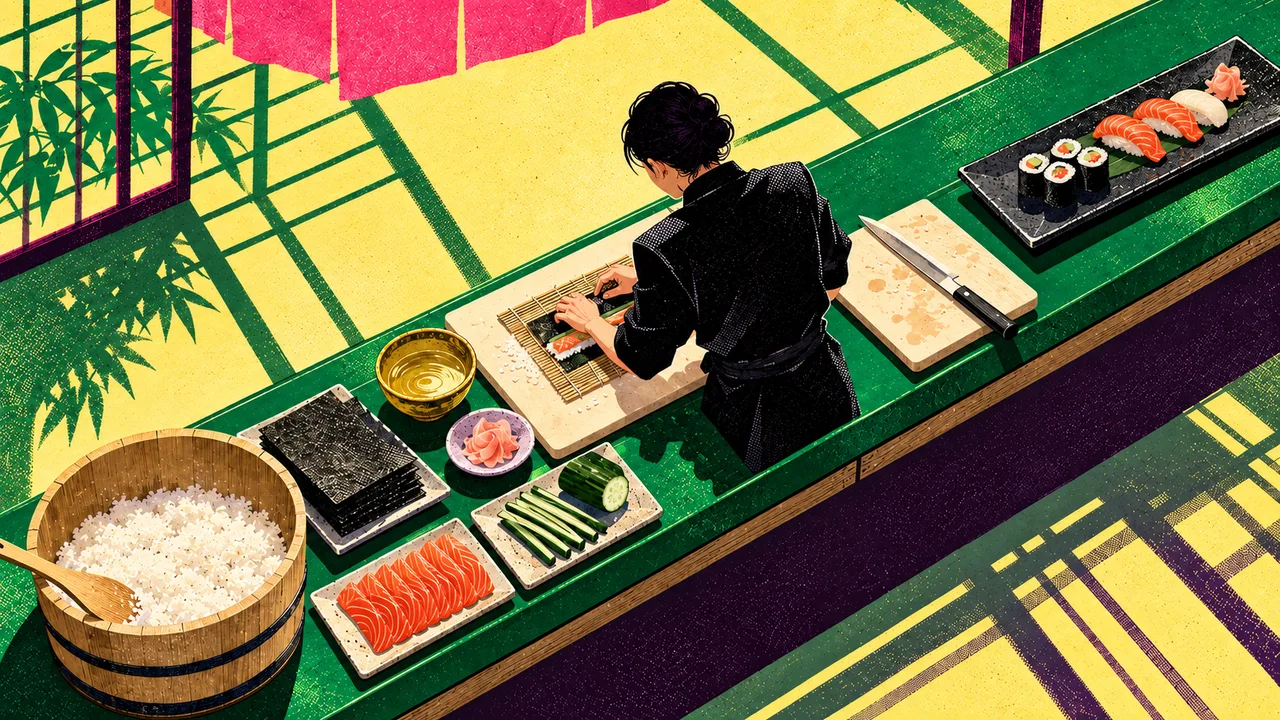A maker prepares sushi at a green counter in a sunlit room