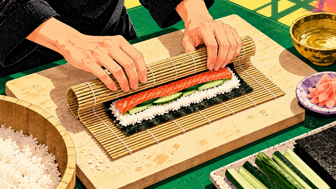 Hands roll salmon, rice and cucumber on a bamboo mat
