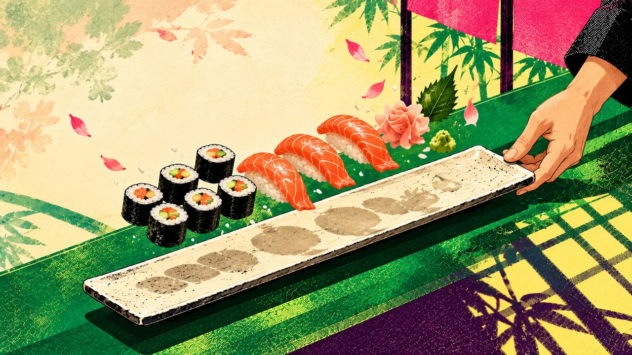 A long plate of sushi slides back onto the counter