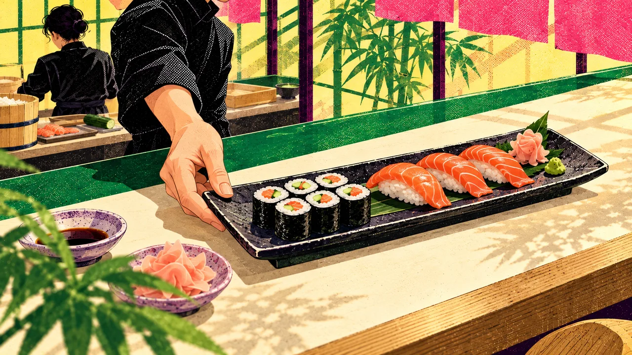 A plate of nigiri and maki served at the counter