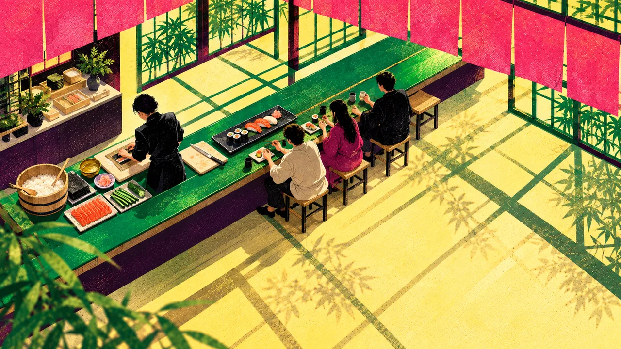 Friends share the meal at the counter while the maker works