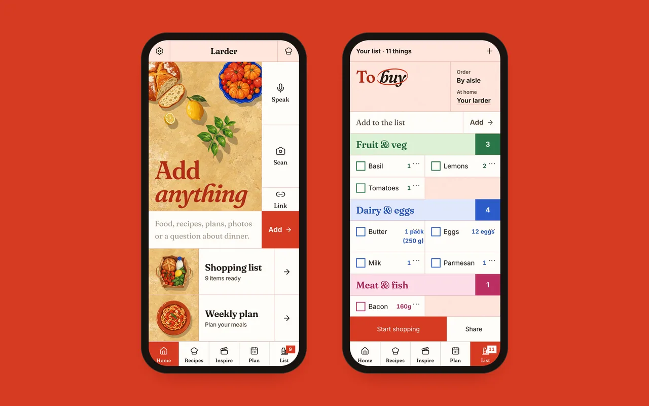 Larder on two phones: Home with Add anything, and the shopping list, To buy, grouped by aisle