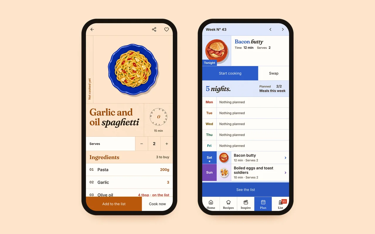 Larder on two phones: a recipe for garlic and oil spaghetti, and the week’s plan