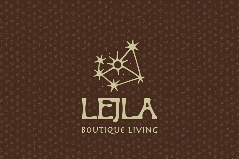 The Lejla logotype and constellation mark in gold on a deep brown pattern