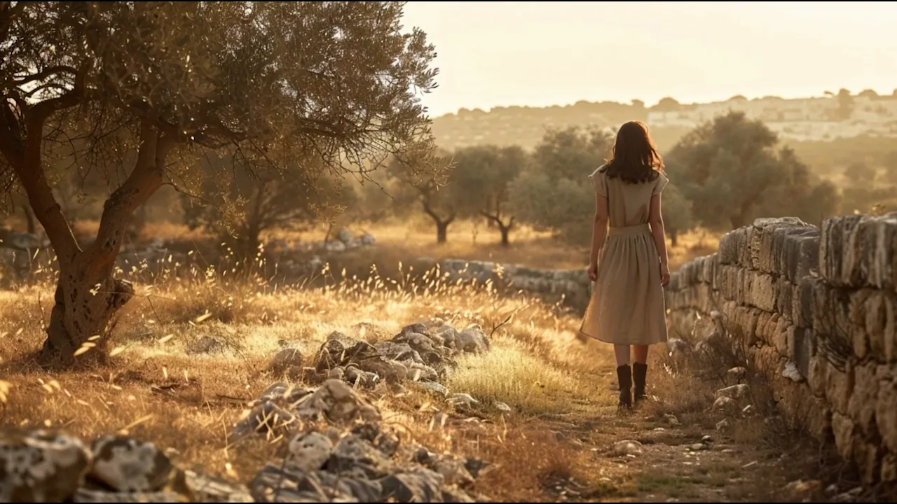 Moments from the film: a woman walking through an olive grove at sunrise, a stone street, a white car, fireworks over the harbour, a megalithic temple doorway and the harbour at night